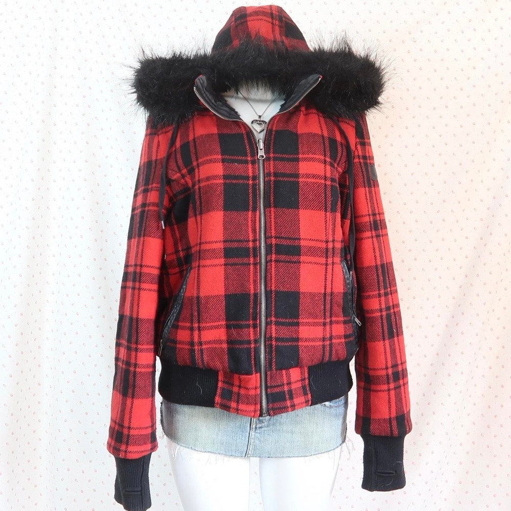 y2k red black buffalo plaid faux fur trim hood jacket